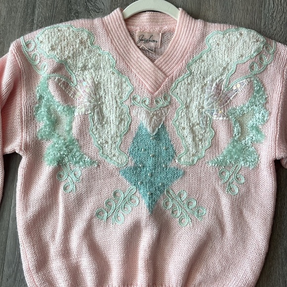 Vintage 1980s Pastel pink beachy mermaid grandma sweater mixed media artsy L - Picture 12 of 12